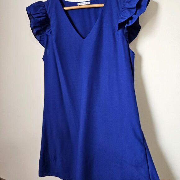 EUC STACCATO ELECTRIC BLUE V NECK FLUTTER SLEEVES SHORT DRESS SZ LARGE - Picture 3 of 15